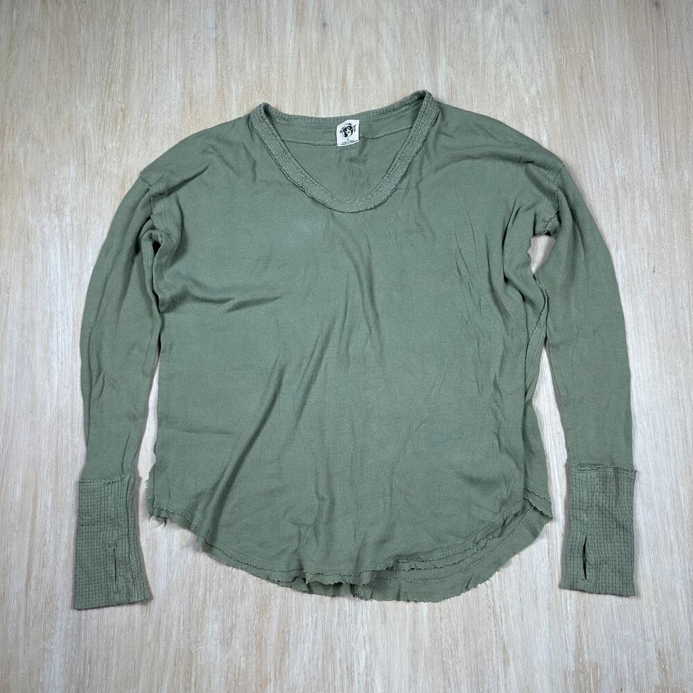 Free People Olive Green Waffle Thermal Long Sleeve Cuffed Slouchy Shirt Medium